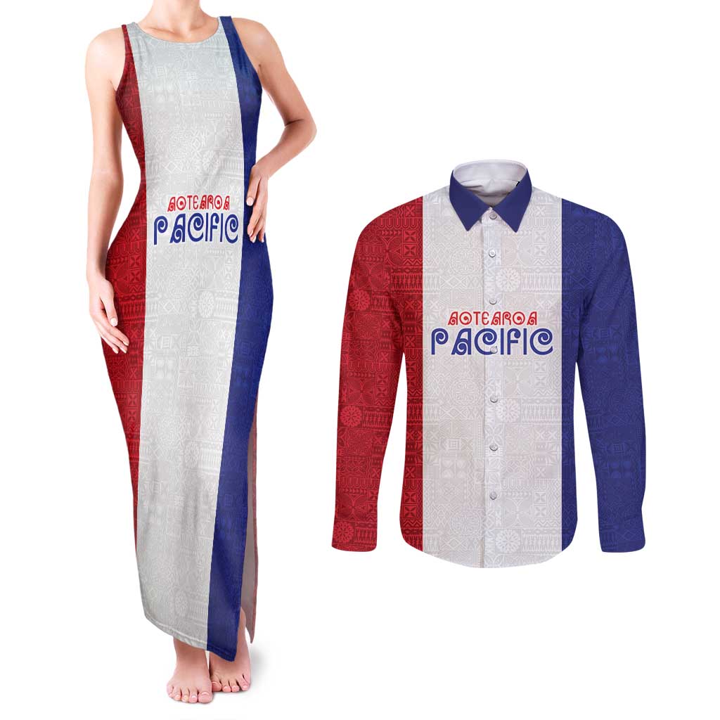 New Zealand Rugby Pacific Personalised Couples Matching Tank Maxi Dress and Long Sleeve Button Shirt Maori Style Tribal Tapa Pattern LT9 White - Polynesian Pride