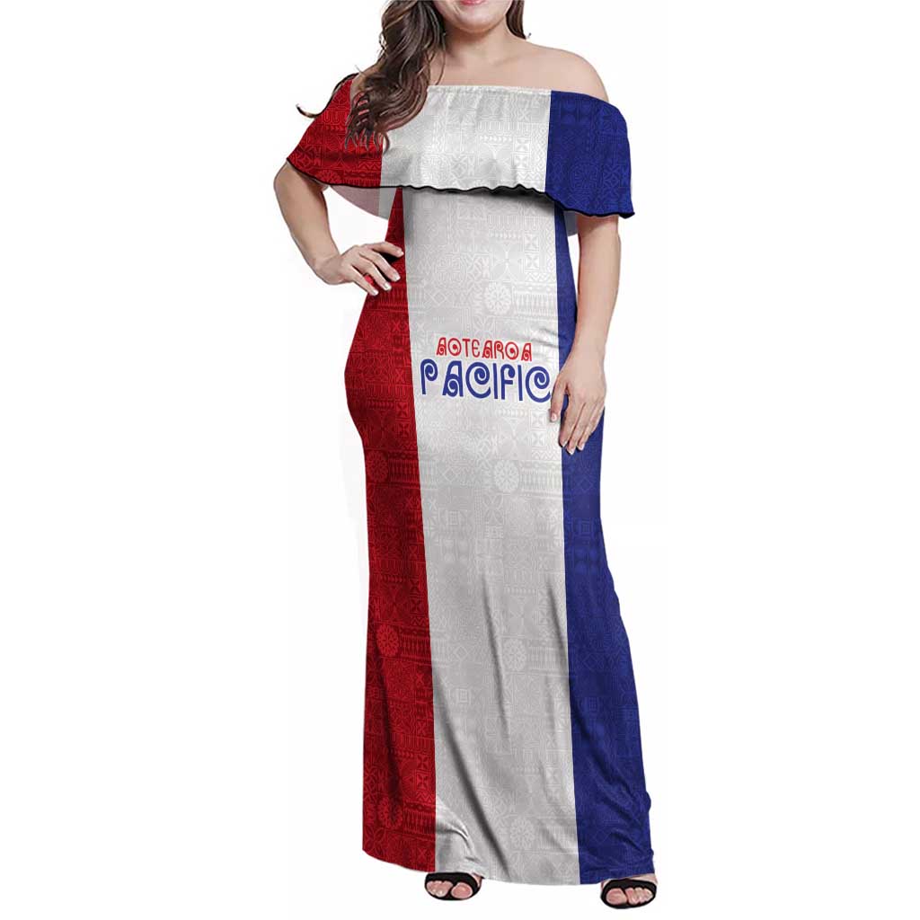 New Zealand Rugby Pacific Personalised Family Matching Off Shoulder Maxi Dress and Hawaiian Shirt Maori Style Tribal Tapa Pattern LT9 Mom's Dress White - Polynesian Pride