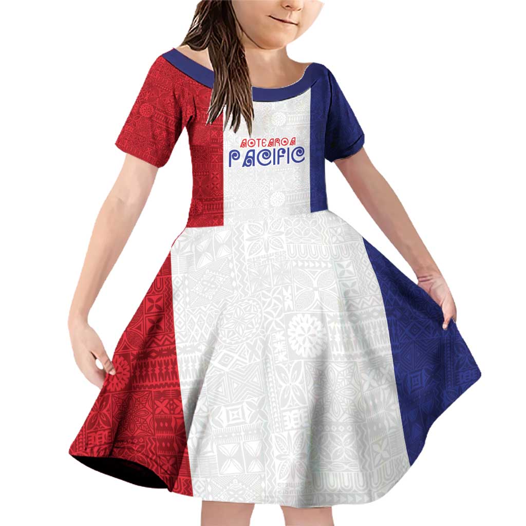 New Zealand Rugby Pacific Personalised Family Matching Off Shoulder Short Dress and Hawaiian Shirt Maori Style Tribal Tapa Pattern LT9 Daughter's Dress White - Polynesian Pride