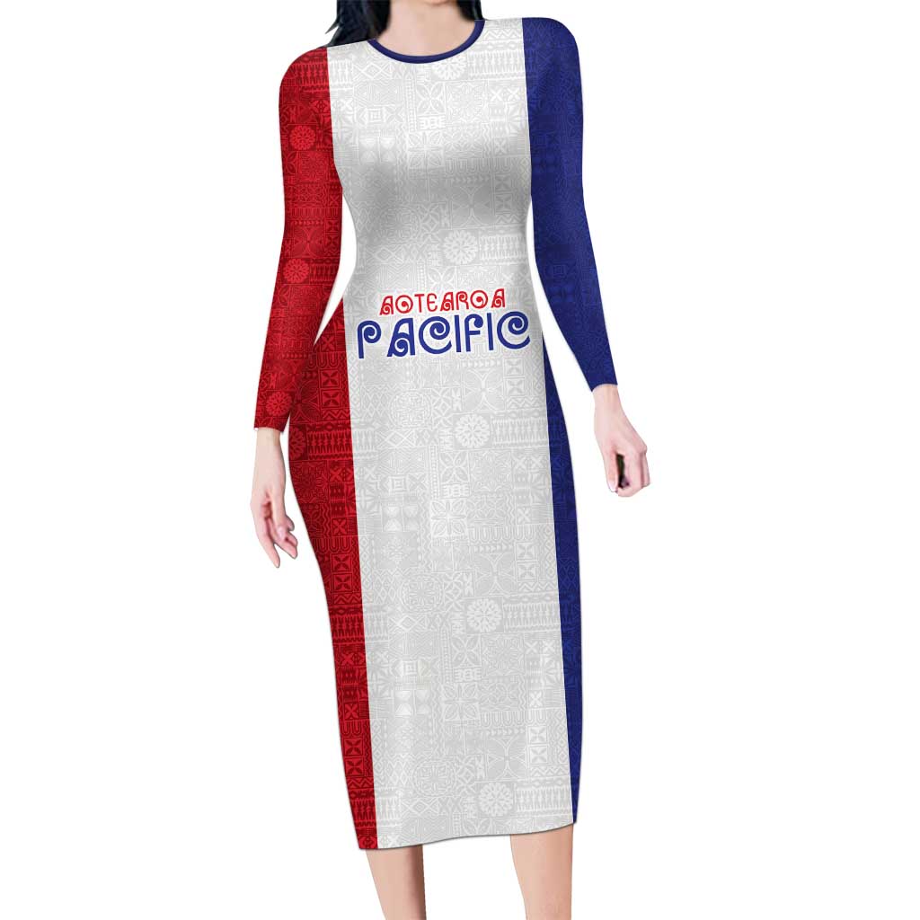 New Zealand Rugby Pacific Personalised Long Sleeve Bodycon Dress Maori Style Tribal Tapa Pattern LT9 Long Dress White - Polynesian Pride