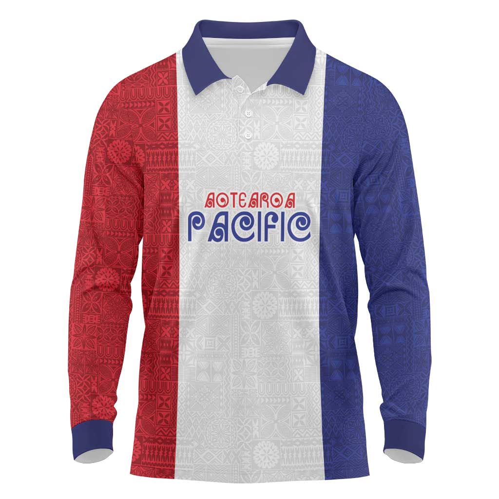 New Zealand Rugby Pacific Personalised Long Sleeve Polo Shirt Maori Style Tribal Tapa Pattern LT9 White - Polynesian Pride