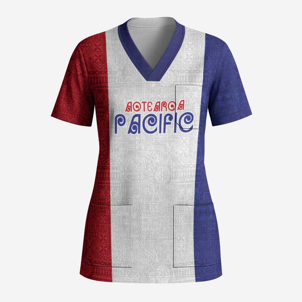 New Zealand Rugby Pacific Personalised Scrub Top Maori Style Tribal Tapa Pattern - Polynesian Pride