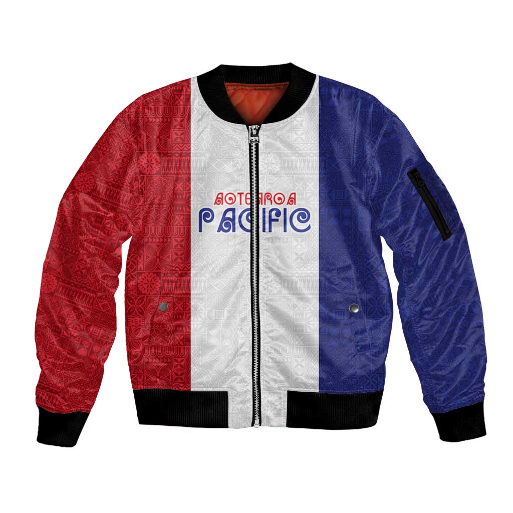 New Zealand Rugby Pacific Personalised Sleeve Zip Bomber Jacket Maori Style Tribal Tapa Pattern LT9 Unisex White - Polynesian Pride
