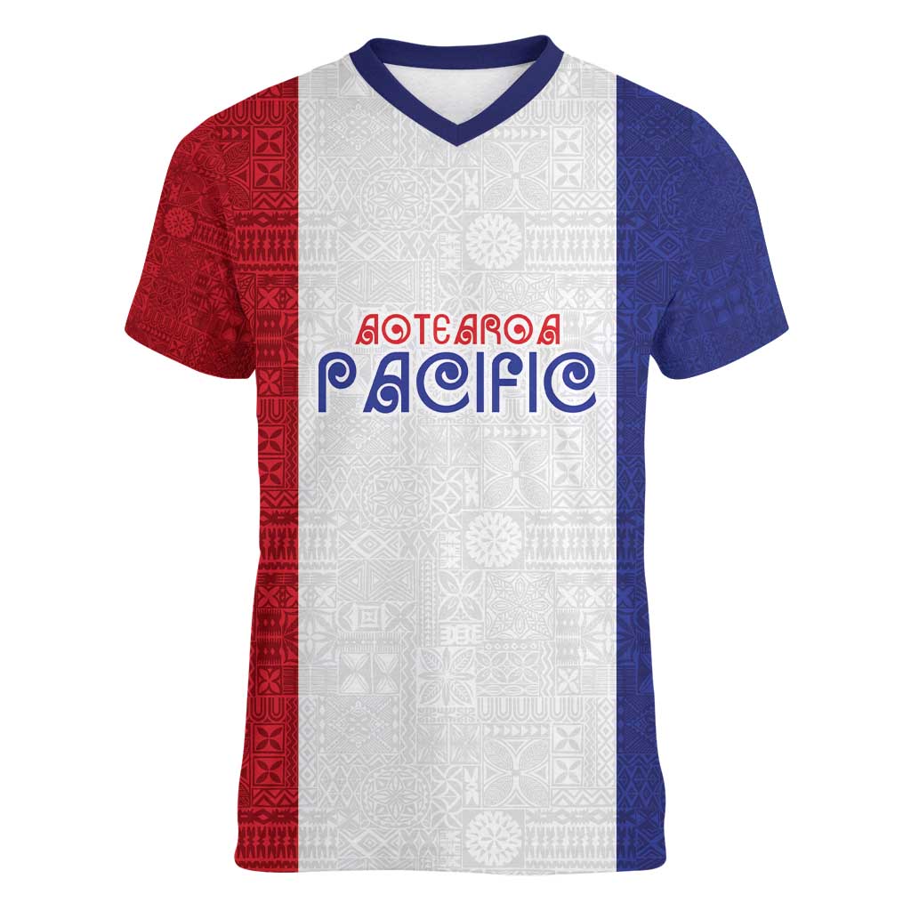 New Zealand Rugby Pacific Personalised Women V-Neck T-Shirt Maori Style Tribal Tapa Pattern LT9 Female White - Polynesian Pride