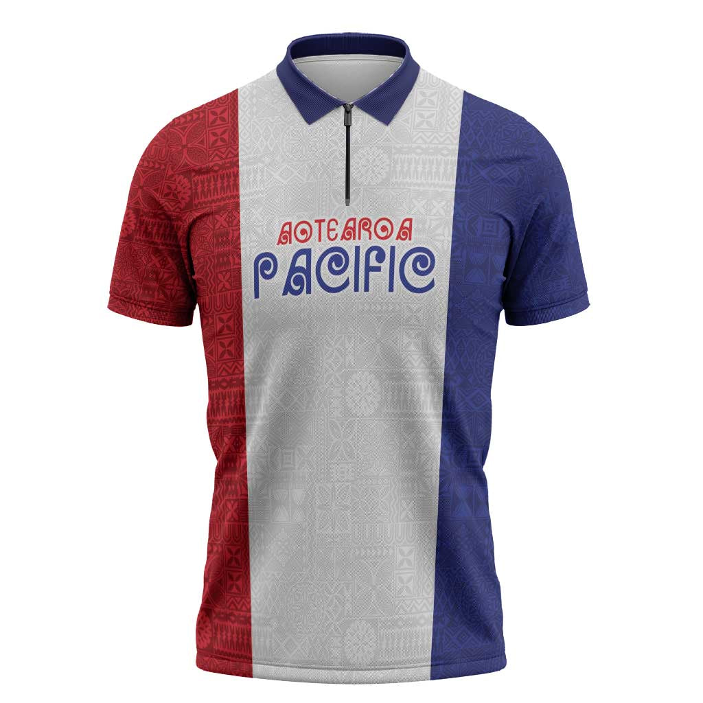 New Zealand Rugby Pacific Personalised Zipper Polo Shirt Maori Style Tribal Tapa Pattern LT9 White - Polynesian Pride