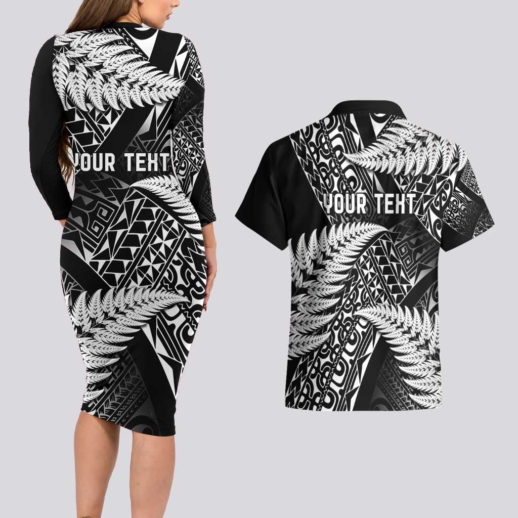 New Zealand Rugby Pacific Personalised Couples Matching Long Sleeve Bodycon Dress and Hawaiian Shirt All Black Maori Pasifika Fern Pattern LT9 - Polynesian Pride