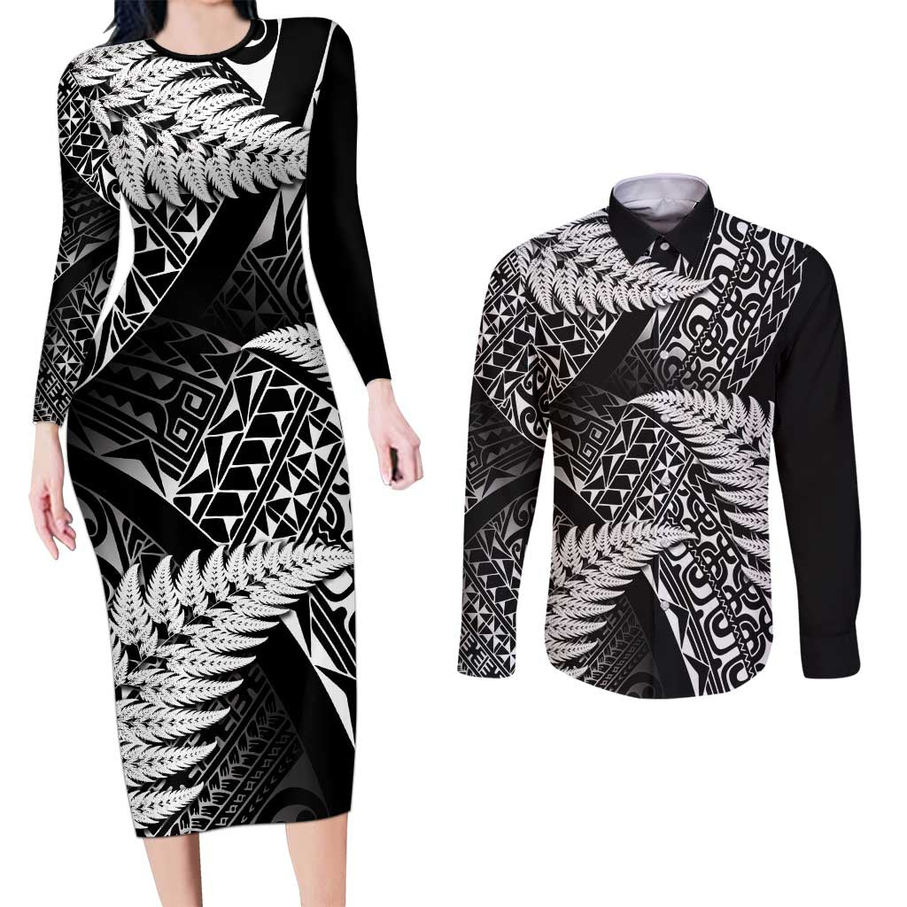 New Zealand Rugby Pacific Personalised Couples Matching Long Sleeve Bodycon Dress and Long Sleeve Button Shirt All Black Maori Pasifika Fern Pattern LT9 Black - Polynesian Pride