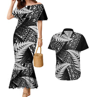 New Zealand Rugby Pacific Personalised Couples Matching Mermaid Dress and Hawaiian Shirt All Black Maori Pasifika Fern Pattern LT9 Black - Polynesian Pride