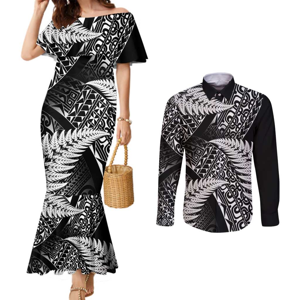 New Zealand Rugby Pacific Personalised Couples Matching Mermaid Dress and Long Sleeve Button Shirt All Black Maori Pasifika Fern Pattern LT9 Black - Polynesian Pride
