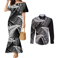 New Zealand Rugby Pacific Personalised Couples Matching Mermaid Dress and Long Sleeve Button Shirt All Black Maori Pasifika Fern Pattern LT9 Black - Polynesian Pride