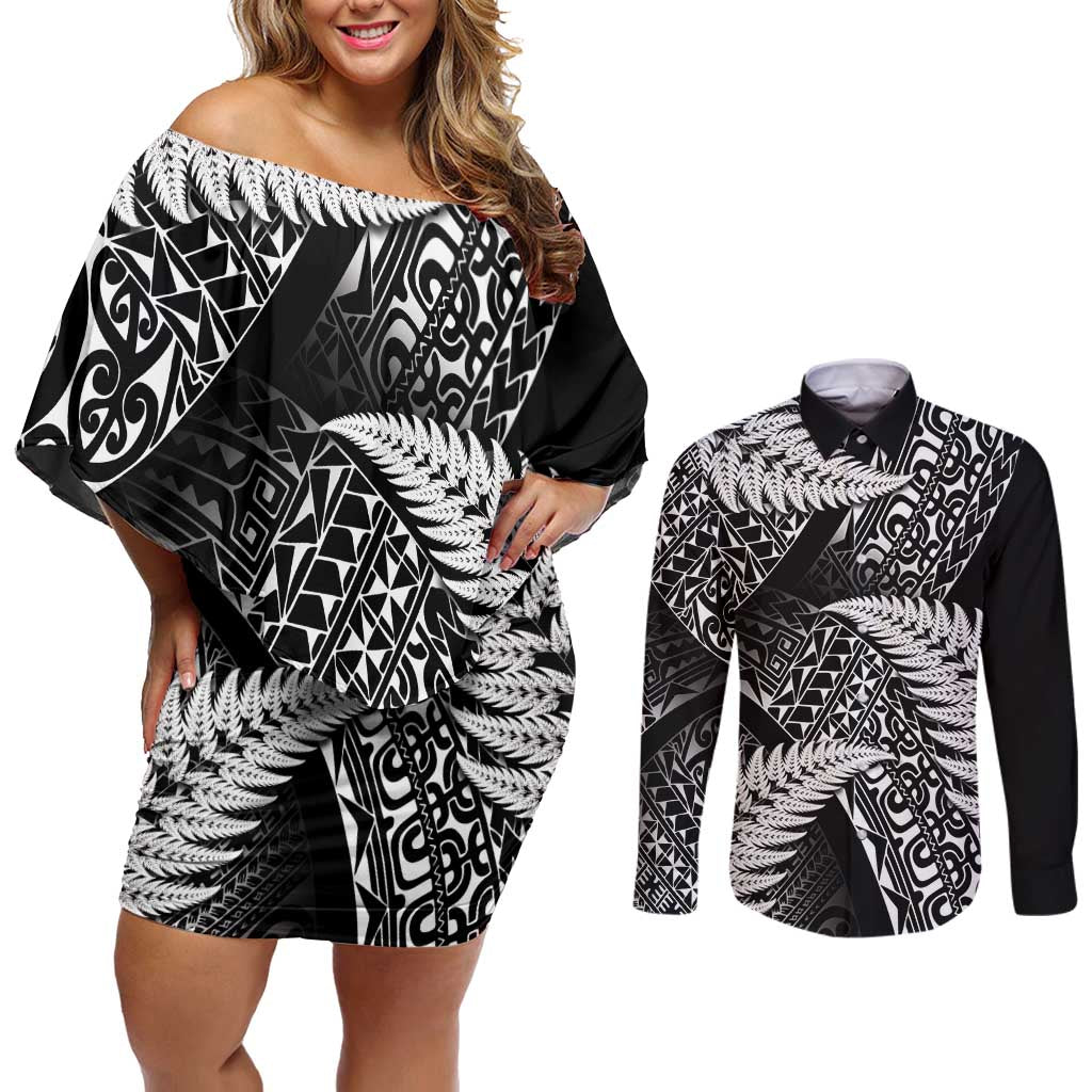 New Zealand Rugby Pacific Personalised Couples Matching Off Shoulder Short Dress and Long Sleeve Button Shirt All Black Maori Pasifika Fern Pattern LT9 Black - Polynesian Pride
