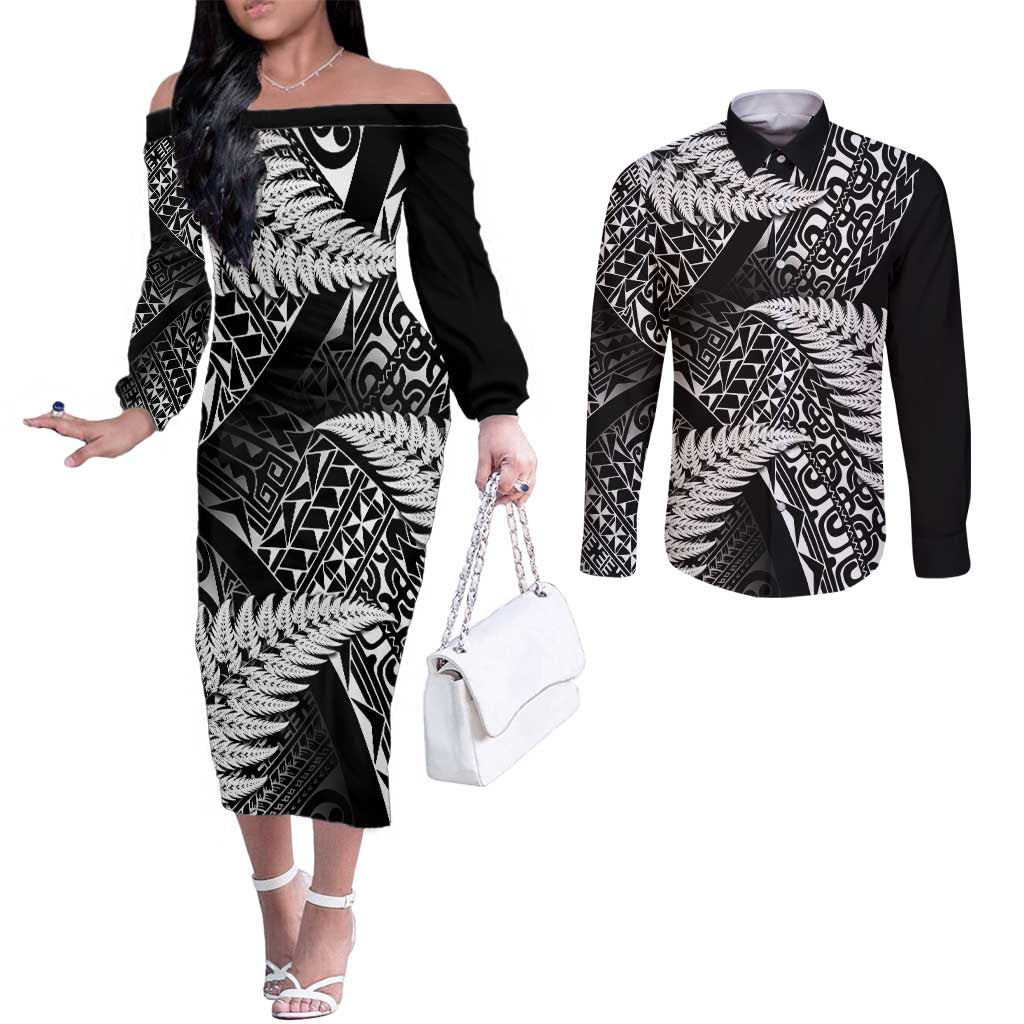 New Zealand Rugby Pacific Personalised Couples Matching Off The Shoulder Long Sleeve Dress and Long Sleeve Button Shirt All Black Maori Pasifika Fern Pattern LT9 Black - Polynesian Pride