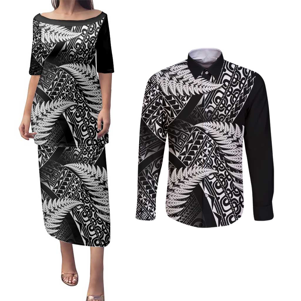 New Zealand Rugby Pacific Personalised Couples Matching Puletasi and Long Sleeve Button Shirt All Black Maori Pasifika Fern Pattern LT9 Black - Polynesian Pride