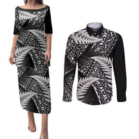 New Zealand Rugby Pacific Personalised Couples Matching Puletasi and Long Sleeve Button Shirt All Black Maori Pasifika Fern Pattern LT9 Black - Polynesian Pride