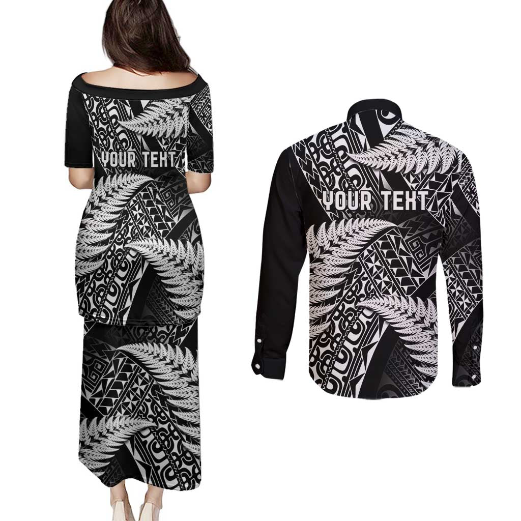 New Zealand Rugby Pacific Personalised Couples Matching Puletasi and Long Sleeve Button Shirt All Black Maori Pasifika Fern Pattern LT9 - Polynesian Pride