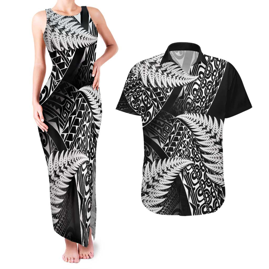 New Zealand Rugby Pacific Personalised Couples Matching Tank Maxi Dress and Hawaiian Shirt All Black Maori Pasifika Fern Pattern LT9 Black - Polynesian Pride