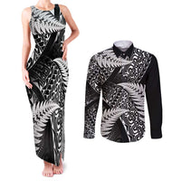 New Zealand Rugby Pacific Personalised Couples Matching Tank Maxi Dress and Long Sleeve Button Shirt All Black Maori Pasifika Fern Pattern LT9 Black - Polynesian Pride
