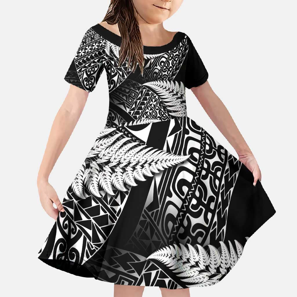 New Zealand Rugby Pacific Personalised Family Matching Long Sleeve Bodycon Dress and Hawaiian Shirt All Black Maori Pasifika Fern Pattern LT9 Daughter's Dress Black - Polynesian Pride