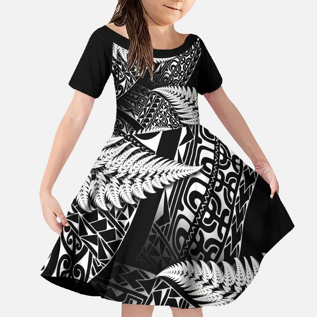New Zealand Rugby Pacific Personalised Family Matching Off Shoulder Maxi Dress and Hawaiian Shirt All Black Maori Pasifika Fern Pattern LT9 Daughter's Dress Black - Polynesian Pride
