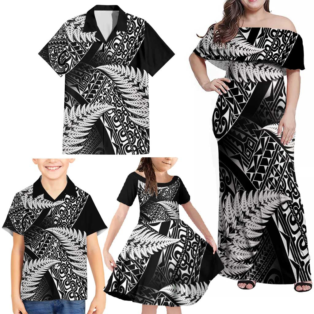 New Zealand Rugby Pacific Personalised Family Matching Off Shoulder Maxi Dress and Hawaiian Shirt All Black Maori Pasifika Fern Pattern LT9 - Polynesian Pride