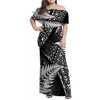 New Zealand Rugby Pacific Personalised Family Matching Off Shoulder Maxi Dress and Hawaiian Shirt All Black Maori Pasifika Fern Pattern LT9 Mom's Dress Black - Polynesian Pride
