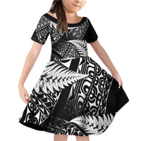 New Zealand Rugby Pacific Personalised Family Matching Off Shoulder Short Dress and Hawaiian Shirt All Black Maori Pasifika Fern Pattern LT9 Daughter's Dress Black - Polynesian Pride
