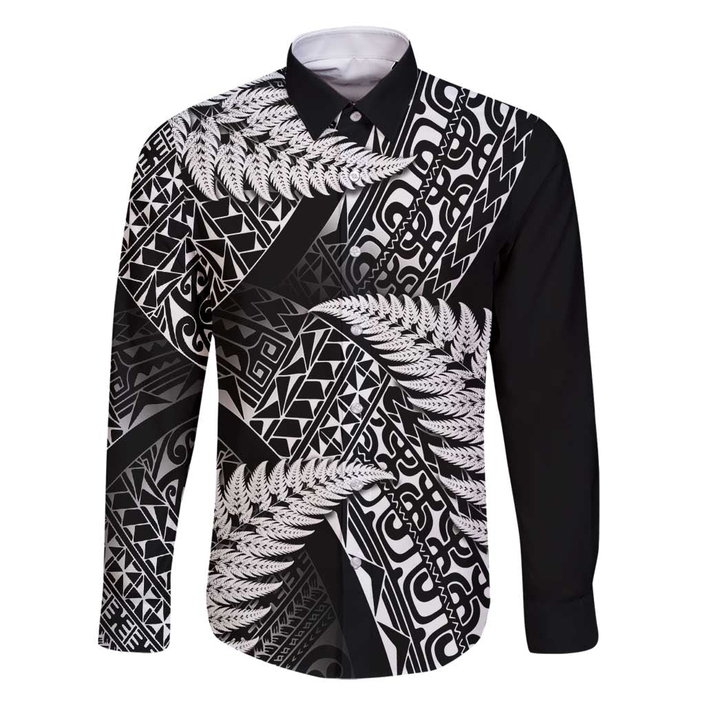 New Zealand Rugby Pacific Personalised Family Matching Off Shoulder Short Dress and Hawaiian Shirt All Black Maori Pasifika Fern Pattern LT9 Dad's Shirt - Long Sleeve Black - Polynesian Pride