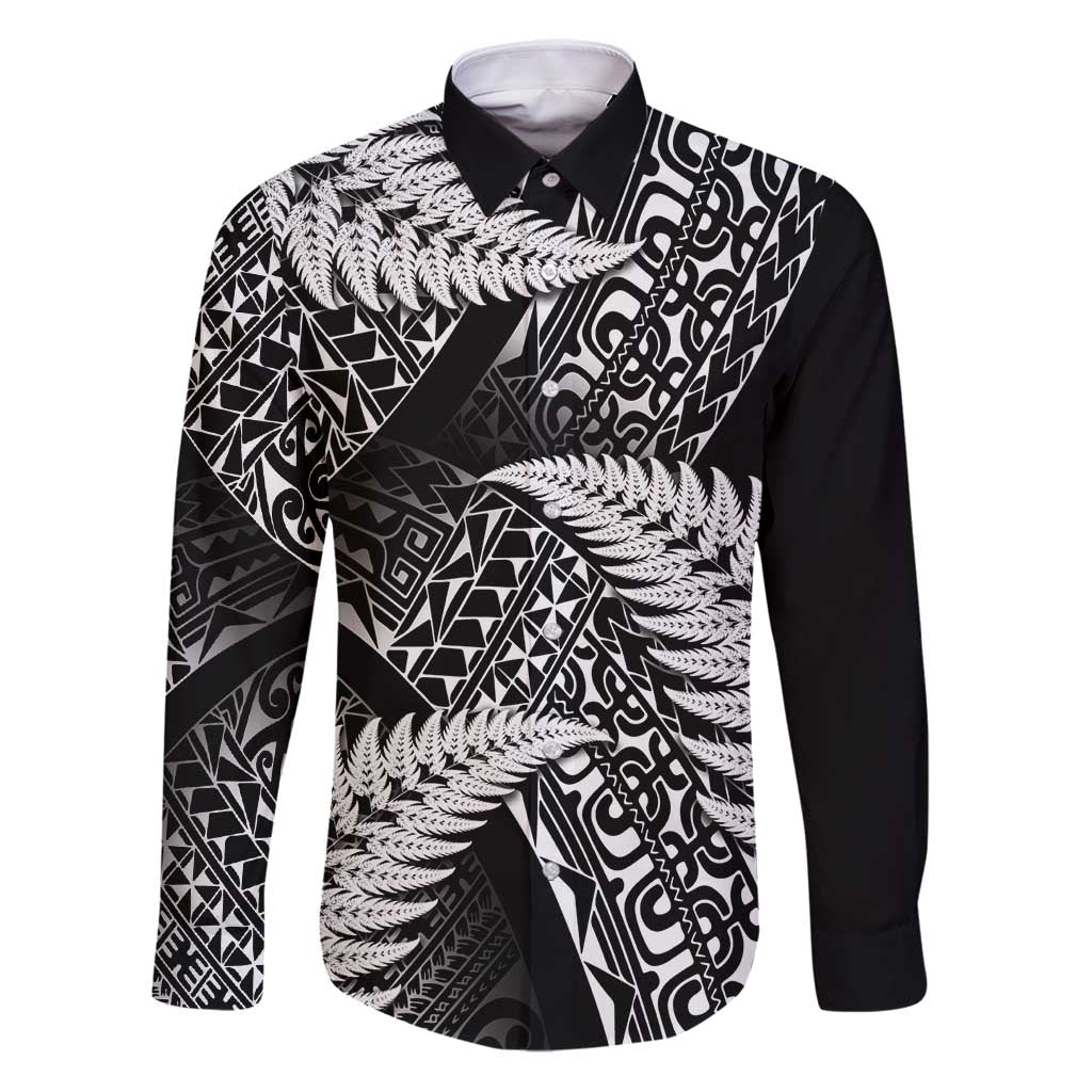 New Zealand Rugby Pacific Personalised Family Matching Puletasi and Hawaiian Shirt All Black Maori Pasifika Fern Pattern LT9 Dad's Shirt - Long Sleeve Black - Polynesian Pride