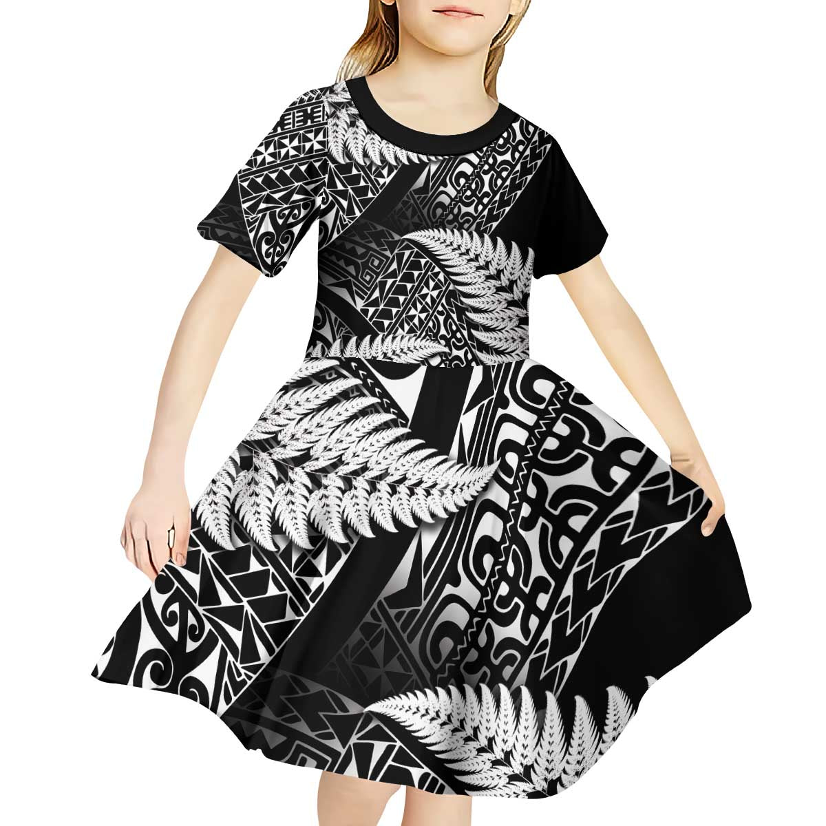 New Zealand Rugby Pacific Personalised Kid Short Sleeve Dress All Black Maori Pasifika Fern Pattern LT9 - Polynesian Pride