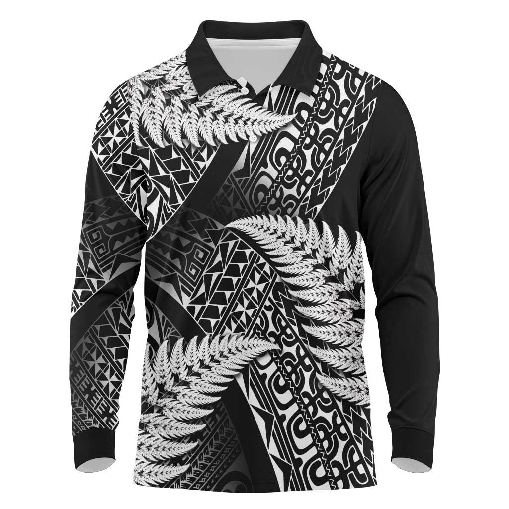 New Zealand Rugby Pacific Personalised Long Sleeve Polo Shirt All Black Maori Pasifika Fern Pattern LT9 Black - Polynesian Pride
