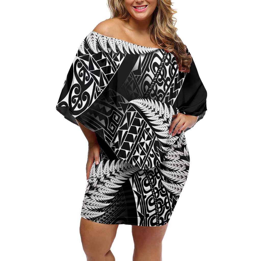 New Zealand Rugby Pacific Personalised Off Shoulder Short Dress All Black Maori Pasifika Fern Pattern LT9 Women Black - Polynesian Pride