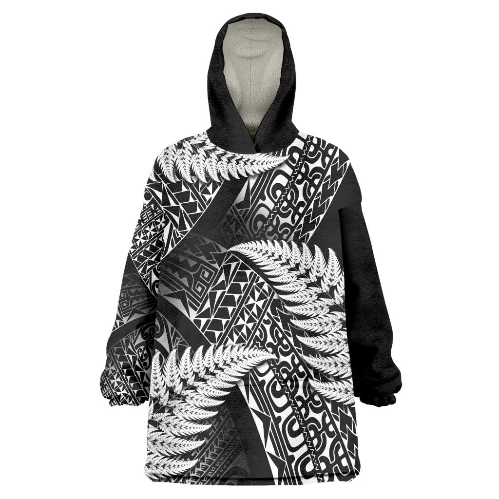 New Zealand Rugby Pacific Personalised Wearable Blanket Hoodie All Black Maori Pasifika Fern Pattern LT9 One Size Black - Polynesian Pride