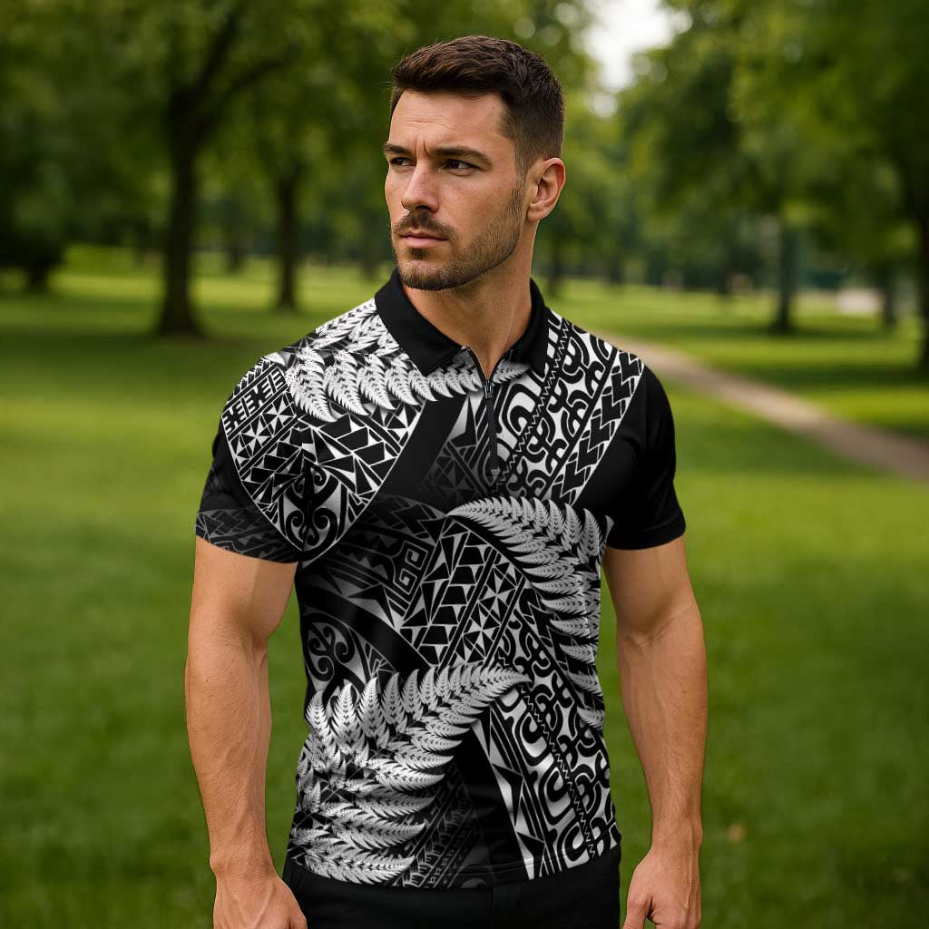 New Zealand Rugby Pacific Personalised Zipper Polo Shirt All Black Maori Pasifika Fern Pattern LT9 - Polynesian Pride