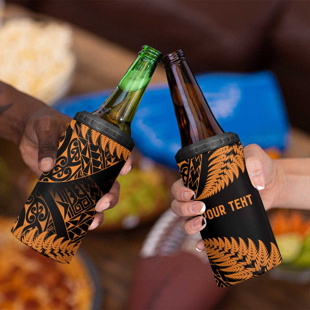 New Zealand Rugby Pacific Personalised 4 in 1 Can Cooler Tumbler All Gold Maori Pasifika Fern Pattern LT9 - Polynesian Pride