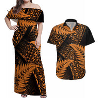 New Zealand Rugby Pacific Personalised Couples Matching Off Shoulder Maxi Dress and Hawaiian Shirt All Gold Maori Pasifika Fern Pattern LT9 Gold - Polynesian Pride