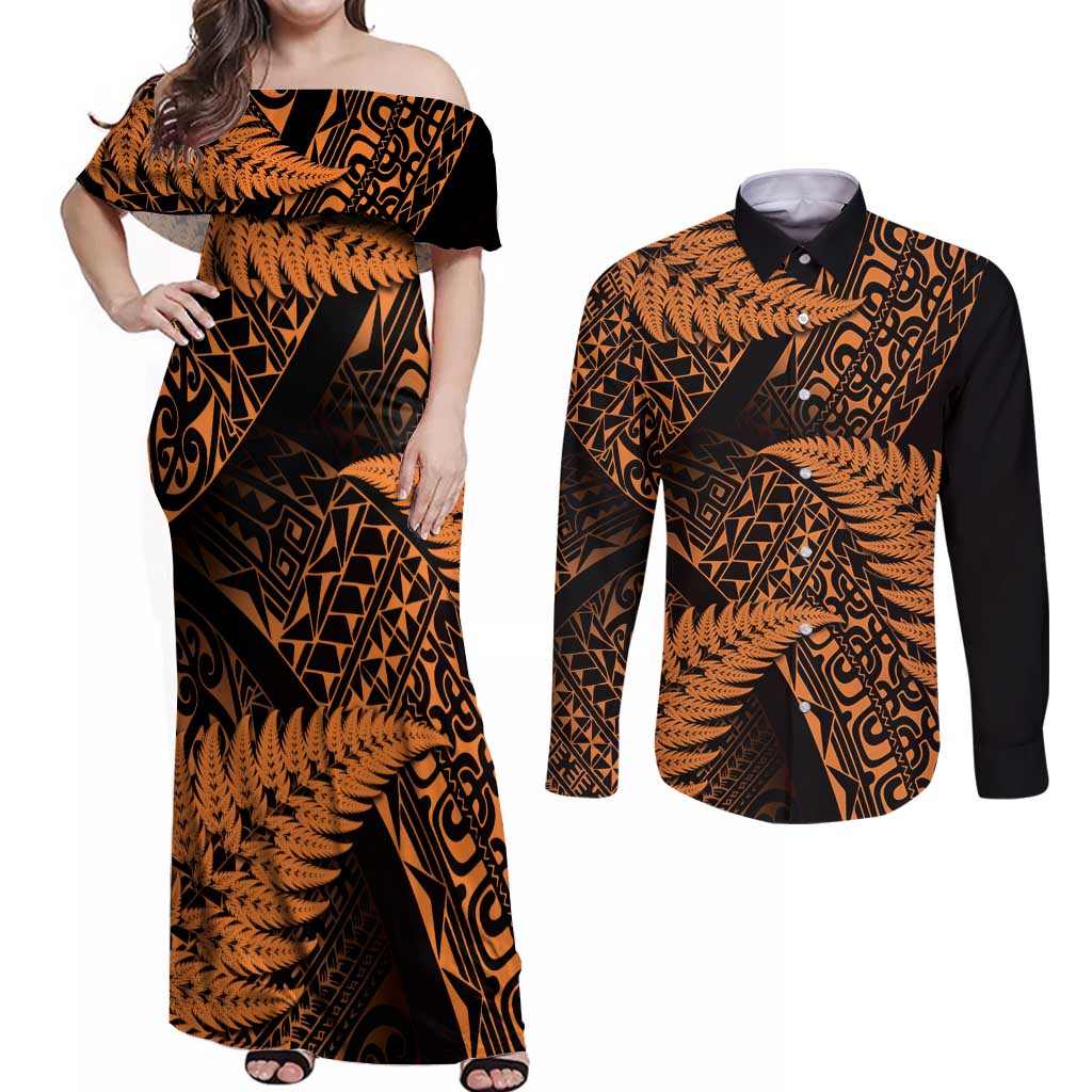 New Zealand Rugby Pacific Personalised Couples Matching Off Shoulder Maxi Dress and Long Sleeve Button Shirt All Gold Maori Pasifika Fern Pattern LT9 Gold - Polynesian Pride