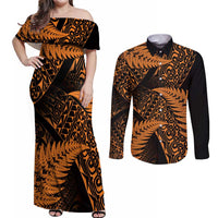 New Zealand Rugby Pacific Personalised Couples Matching Off Shoulder Maxi Dress and Long Sleeve Button Shirt All Gold Maori Pasifika Fern Pattern LT9 Gold - Polynesian Pride