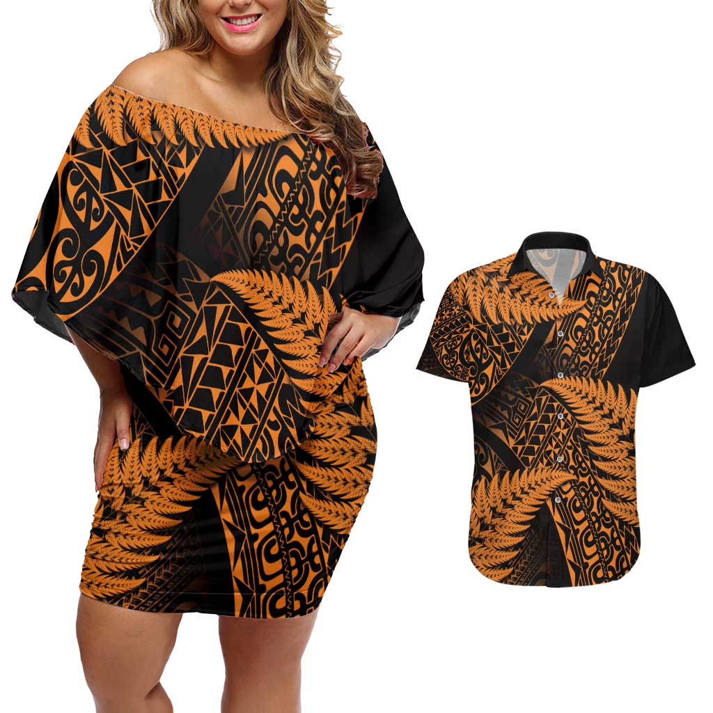 New Zealand Rugby Pacific Personalised Couples Matching Off Shoulder Short Dress and Hawaiian Shirt All Gold Maori Pasifika Fern Pattern LT9 Gold - Polynesian Pride