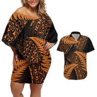New Zealand Rugby Pacific Personalised Couples Matching Off Shoulder Short Dress and Hawaiian Shirt All Gold Maori Pasifika Fern Pattern LT9 Gold - Polynesian Pride
