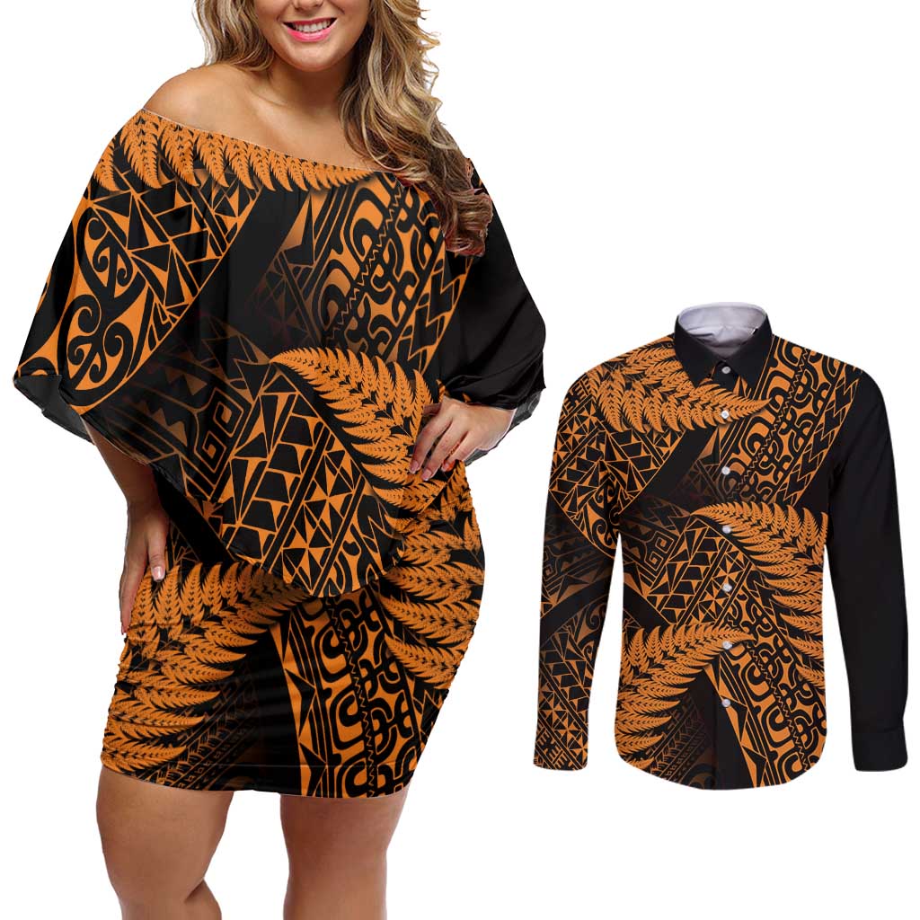 New Zealand Rugby Pacific Personalised Couples Matching Off Shoulder Short Dress and Long Sleeve Button Shirt All Gold Maori Pasifika Fern Pattern LT9 Gold - Polynesian Pride