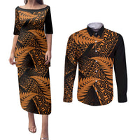 New Zealand Rugby Pacific Personalised Couples Matching Puletasi and Long Sleeve Button Shirt All Gold Maori Pasifika Fern Pattern LT9 Gold - Polynesian Pride