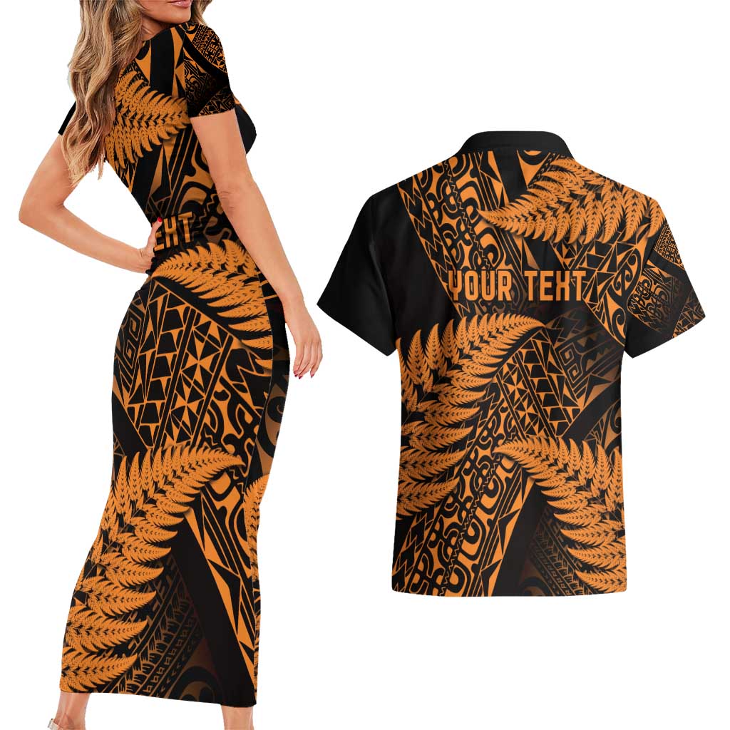 New Zealand Rugby Pacific Personalised Couples Matching Short Sleeve Bodycon Dress and Hawaiian Shirt All Gold Maori Pasifika Fern Pattern LT9 - Polynesian Pride