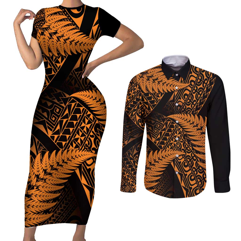 New Zealand Rugby Pacific Personalised Couples Matching Short Sleeve Bodycon Dress and Long Sleeve Button Shirt All Gold Maori Pasifika Fern Pattern LT9 Gold - Polynesian Pride