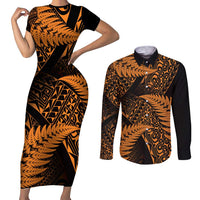 New Zealand Rugby Pacific Personalised Couples Matching Short Sleeve Bodycon Dress and Long Sleeve Button Shirt All Gold Maori Pasifika Fern Pattern LT9 Gold - Polynesian Pride
