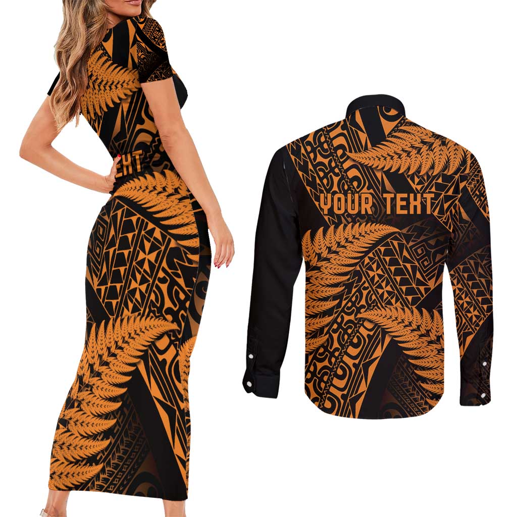 New Zealand Rugby Pacific Personalised Couples Matching Short Sleeve Bodycon Dress and Long Sleeve Button Shirt All Gold Maori Pasifika Fern Pattern LT9 - Polynesian Pride