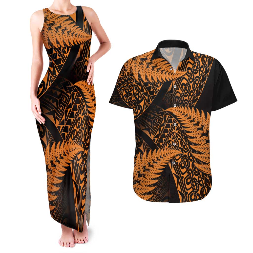 New Zealand Rugby Pacific Personalised Couples Matching Tank Maxi Dress and Hawaiian Shirt All Gold Maori Pasifika Fern Pattern LT9 Gold - Polynesian Pride