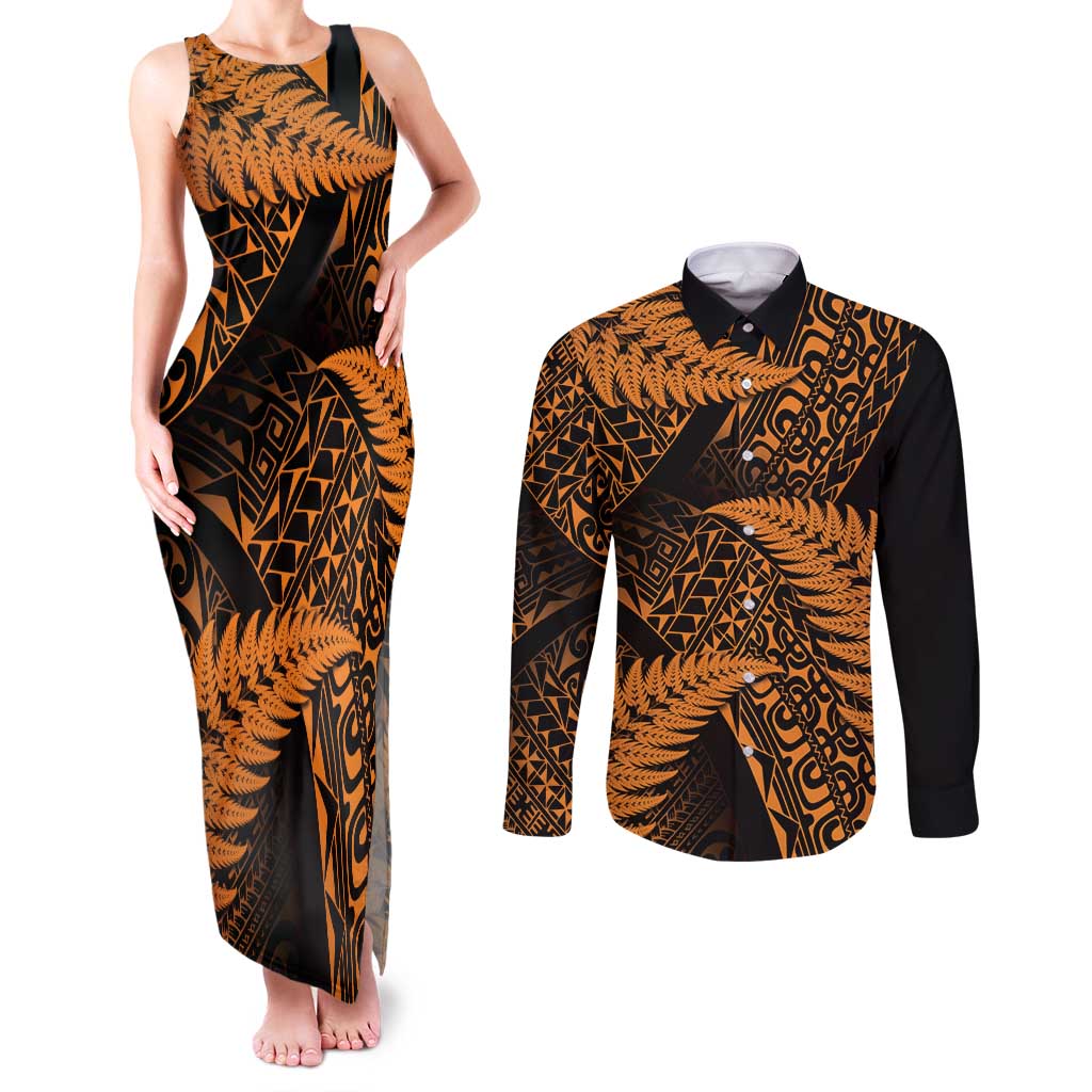 New Zealand Rugby Pacific Personalised Couples Matching Tank Maxi Dress and Long Sleeve Button Shirt All Gold Maori Pasifika Fern Pattern