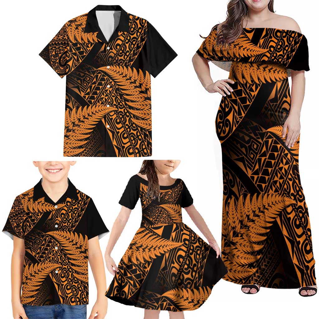 New Zealand Rugby Pacific Personalised Family Matching Off Shoulder Maxi Dress and Hawaiian Shirt All Gold Maori Pasifika Fern Pattern LT9 - Polynesian Pride