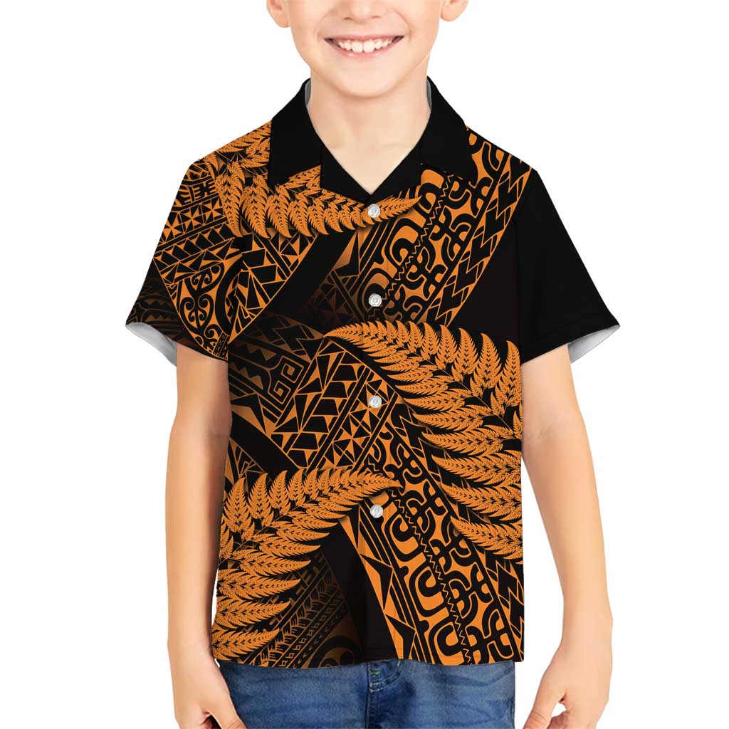 New Zealand Rugby Pacific Personalised Family Matching Off Shoulder Maxi Dress and Hawaiian Shirt All Gold Maori Pasifika Fern Pattern LT9 Son's Shirt Gold - Polynesian Pride