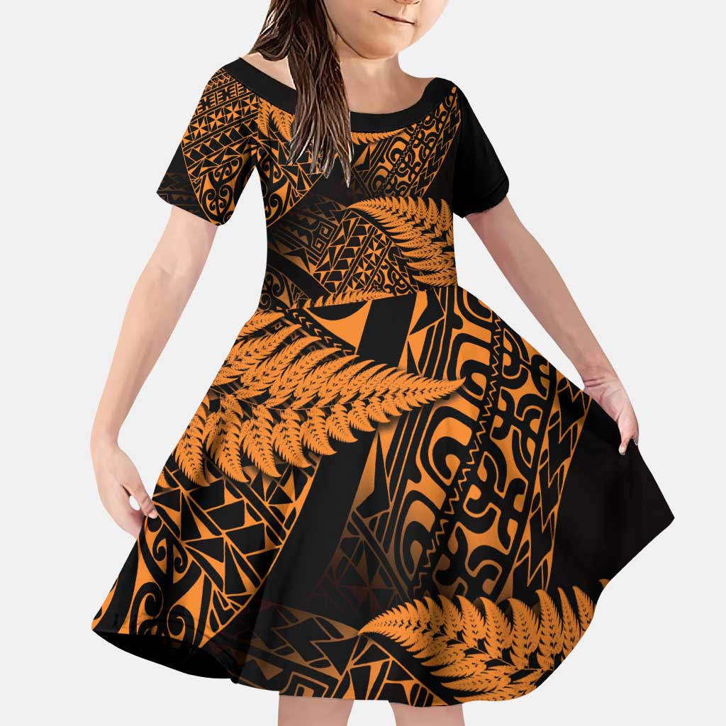 New Zealand Rugby Pacific Personalised Family Matching Puletasi and Hawaiian Shirt All Gold Maori Pasifika Fern Pattern LT9 Daughter's Dress Gold - Polynesian Pride